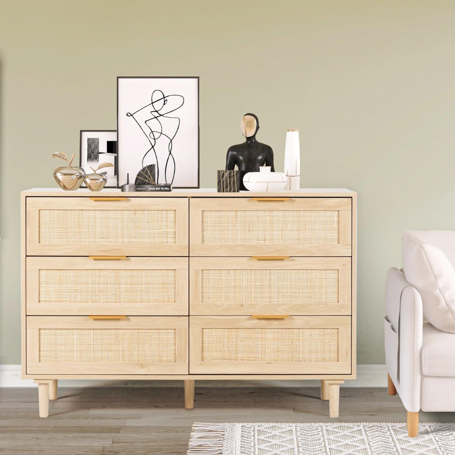 Natural Rattan 6 Drawer Dresser For Bedroom Storage