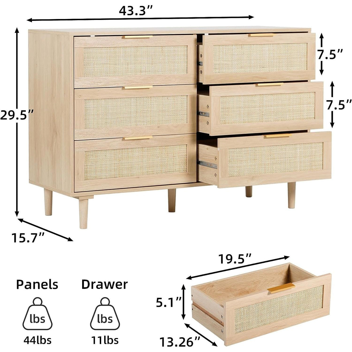 Natural Rattan 6 Drawer Dresser For Bedroom Storage