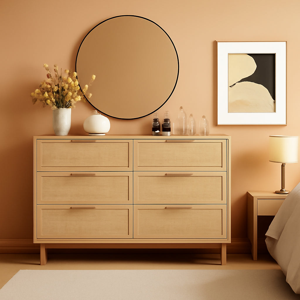 Natural Rattan 6 Drawer Dresser For Bedroom Storage