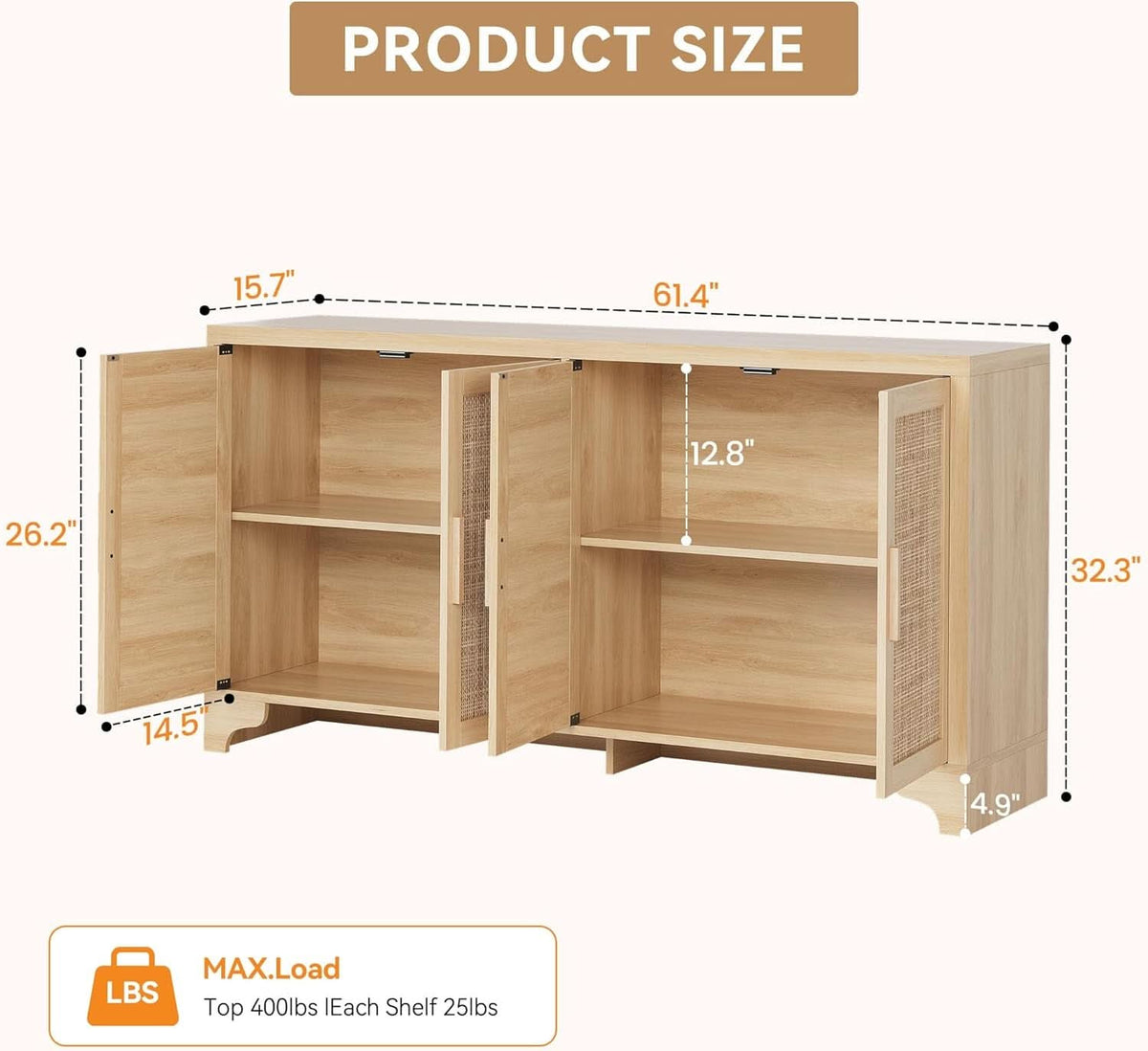 Natural Rattan Four Door Sideboard Cabinet Engineered Wood