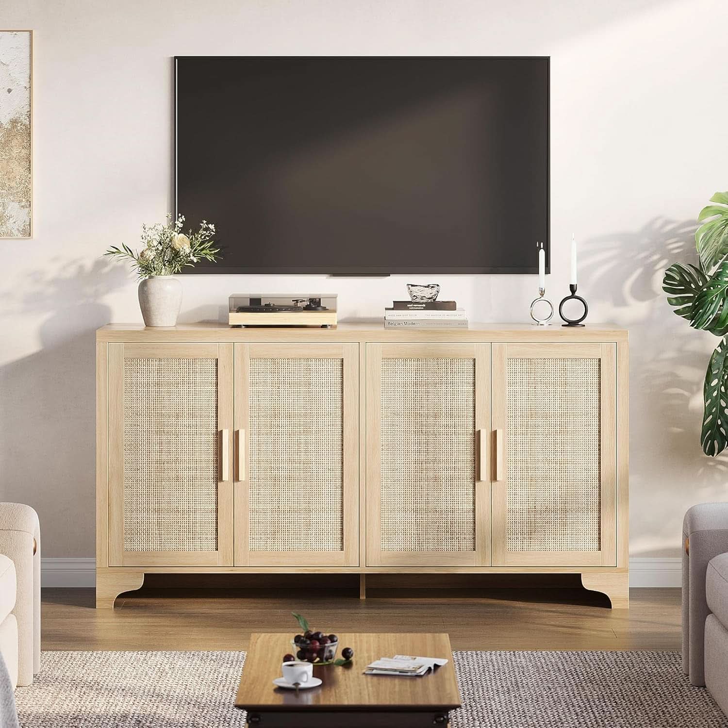 Natural Rattan Four Door Sideboard Cabinet Engineered Wood