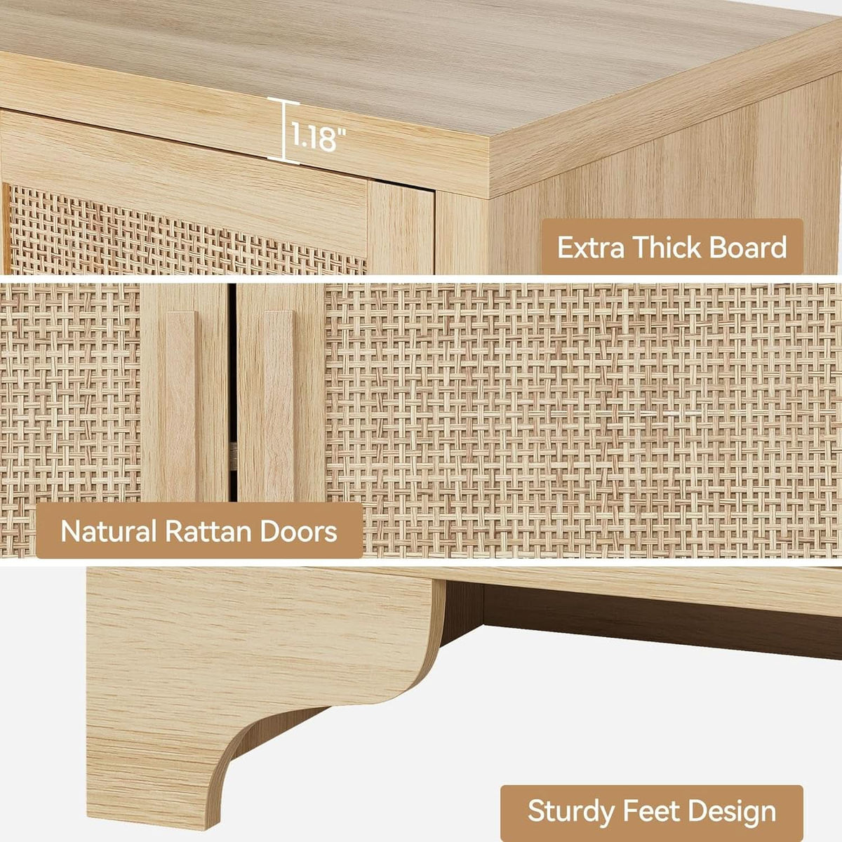 Natural Rattan Four Door Sideboard Cabinet Engineered Wood