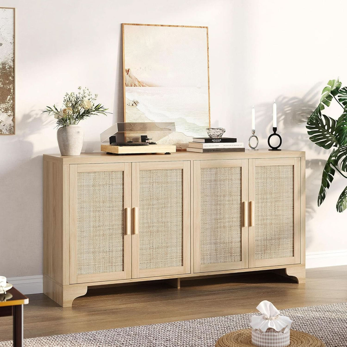 Natural Rattan Four Door Sideboard Cabinet Engineered Wood