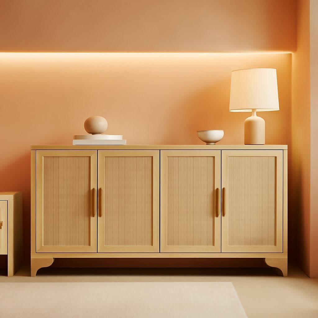 Natural Rattan Four Door Sideboard Cabinet Engineered Wood