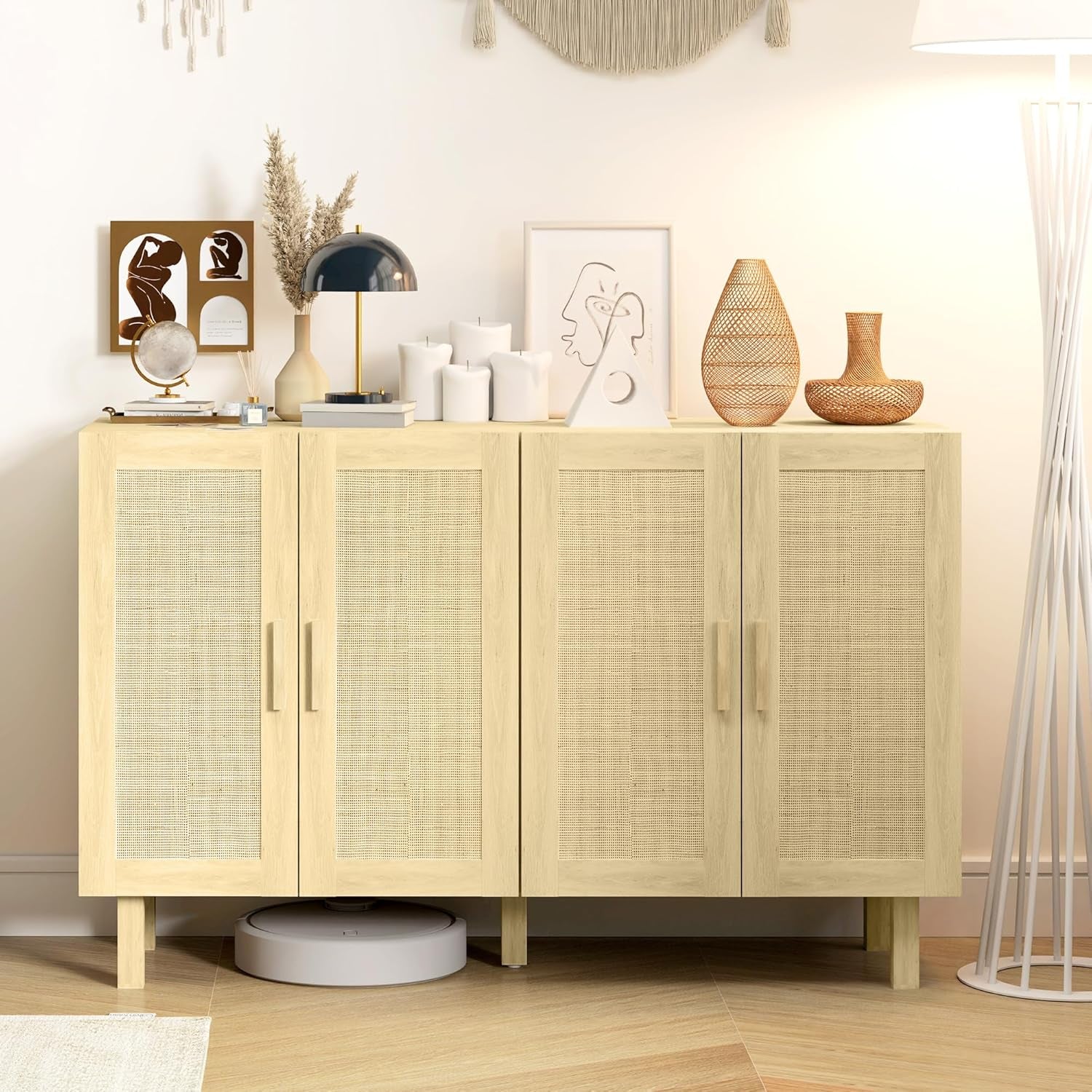Natural Rattan Sideboard Cabinet With 4 Doors And Adjustable Shelves