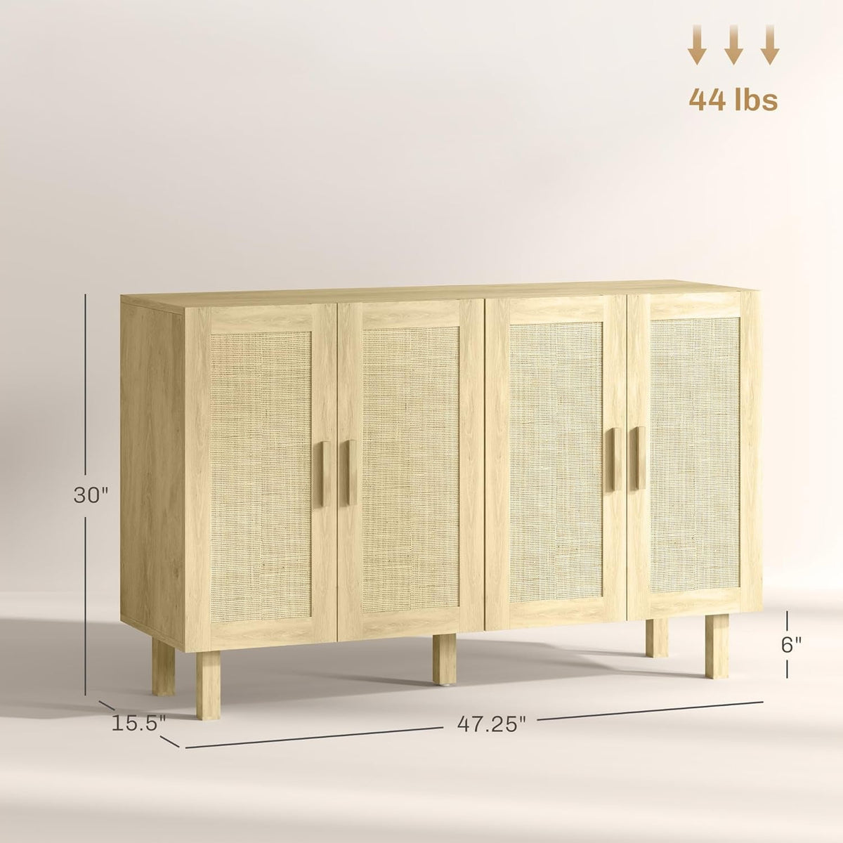 Natural Rattan Sideboard Cabinet With 4 Doors And Adjustable Shelves