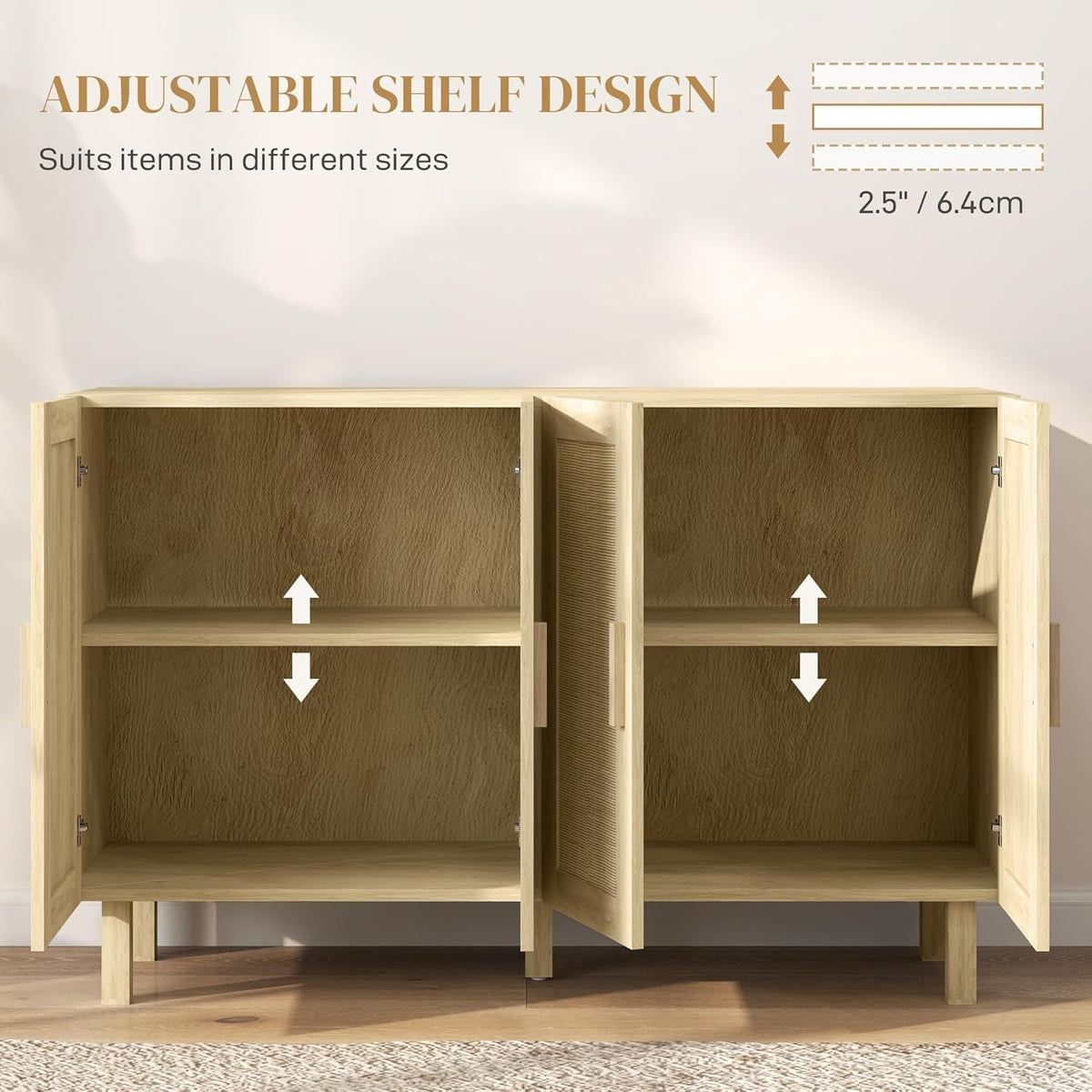 Natural Rattan Sideboard Cabinet With 4 Doors And Adjustable Shelves