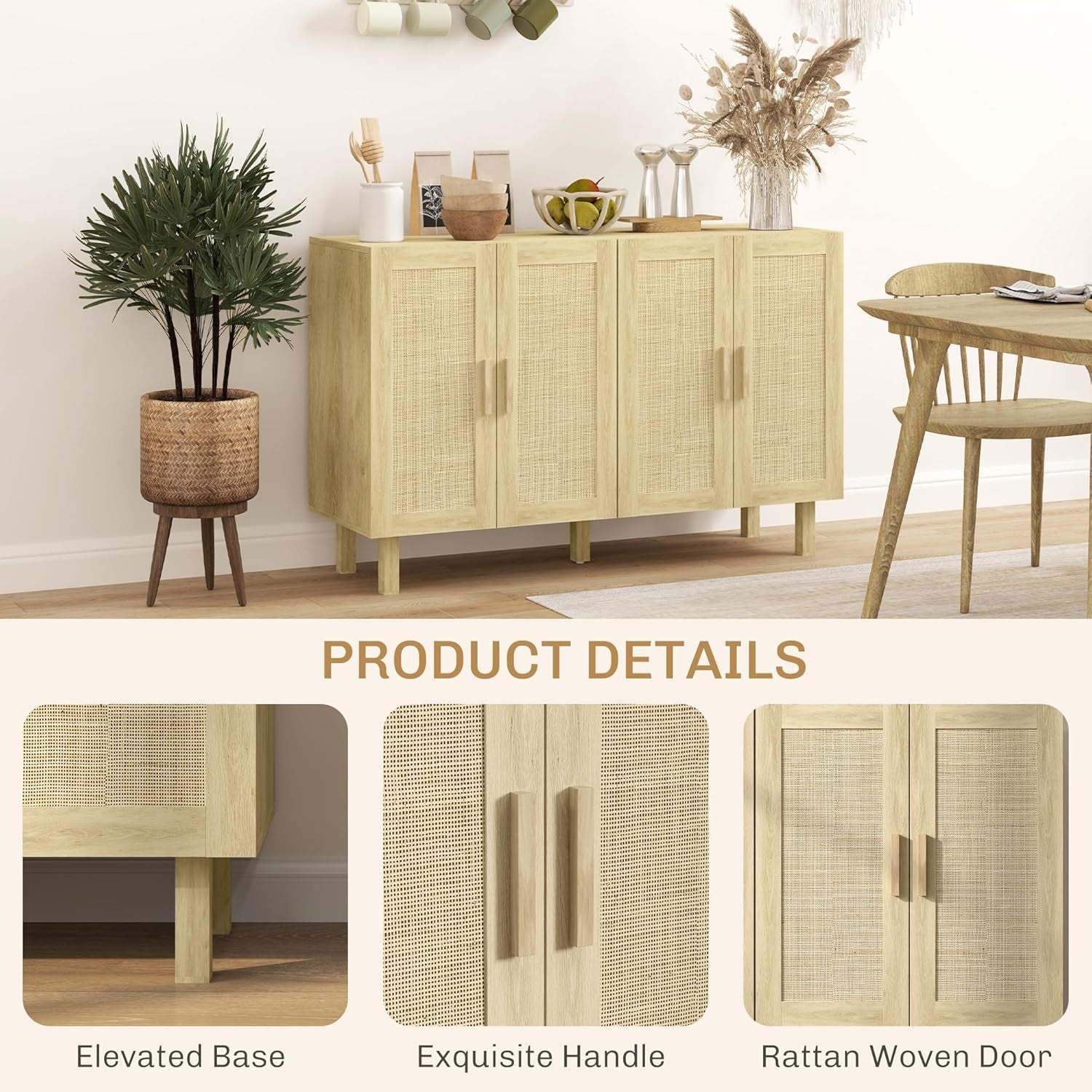 Natural Rattan Sideboard Cabinet With 4 Doors And Adjustable Shelves