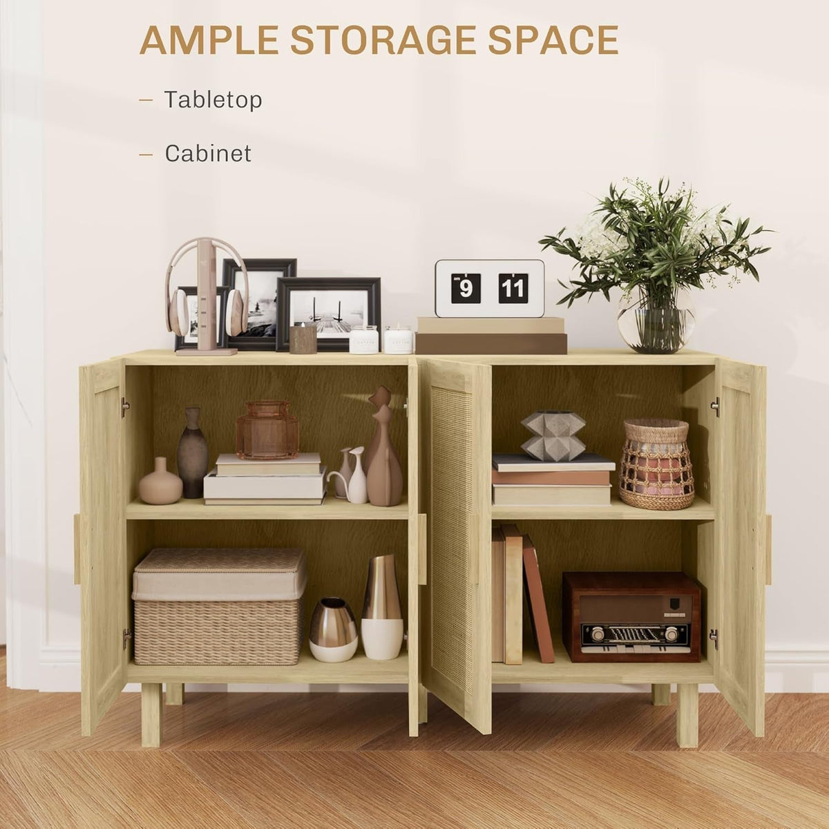 Natural Rattan Sideboard Cabinet With 4 Doors And Adjustable Shelves