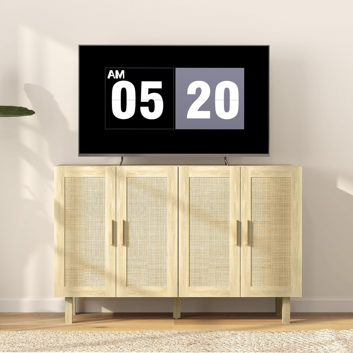 Natural Rattan Sideboard Cabinet With 4 Doors And Adjustable Shelves
