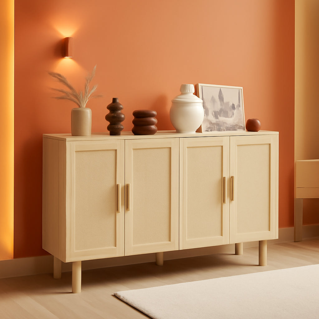 Natural Rattan Sideboard Cabinet With 4 Doors And Adjustable Shelves