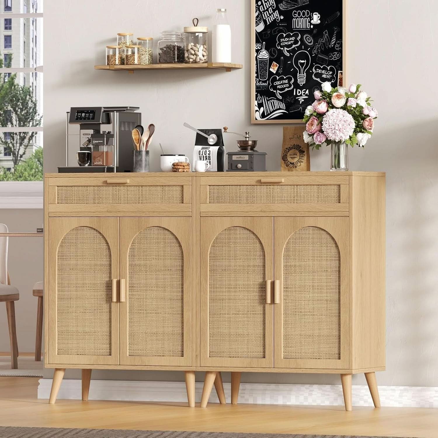 Natural Rattan Storage Cabinet Sideboard With Drawers
