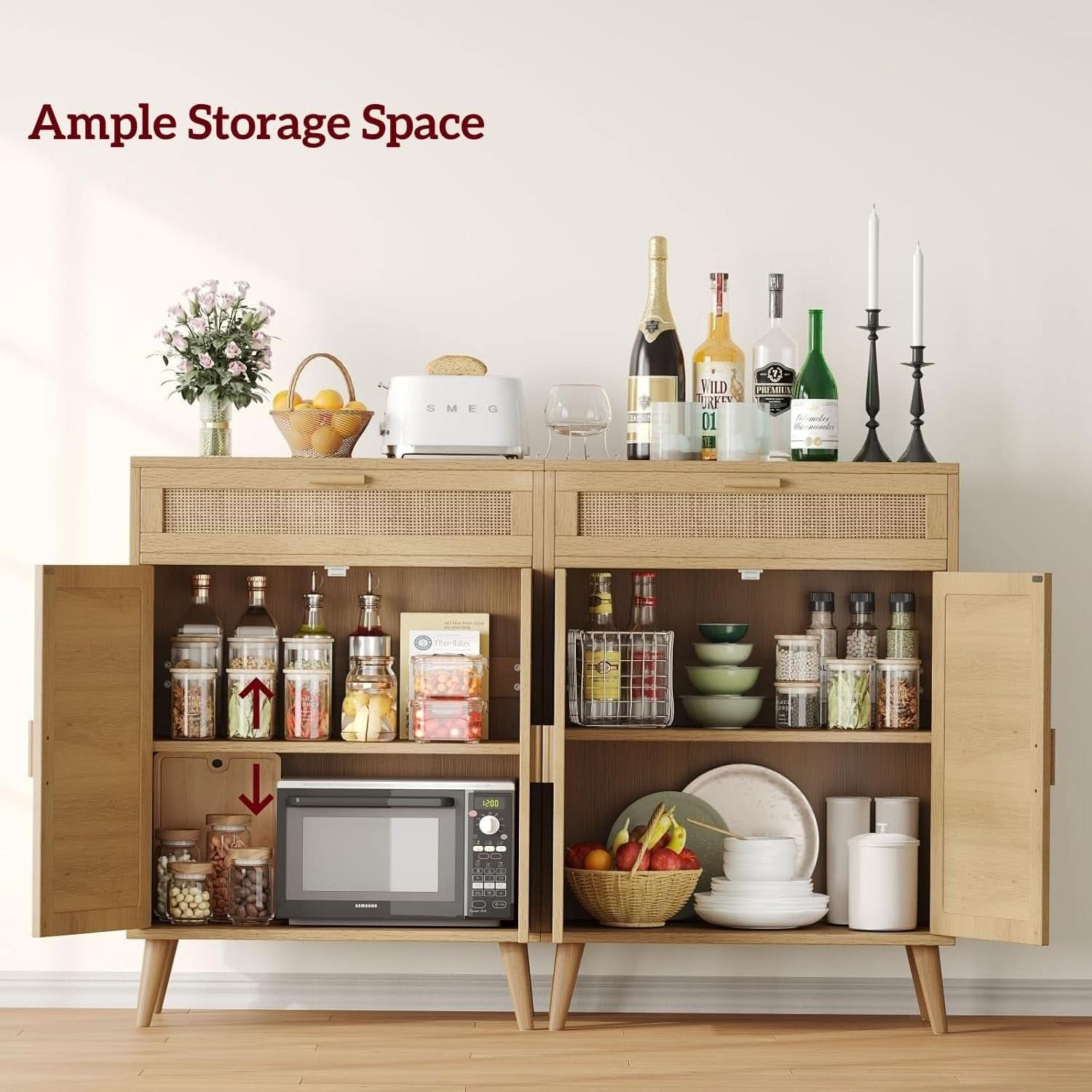 Natural Rattan Storage Cabinet Sideboard With Drawers