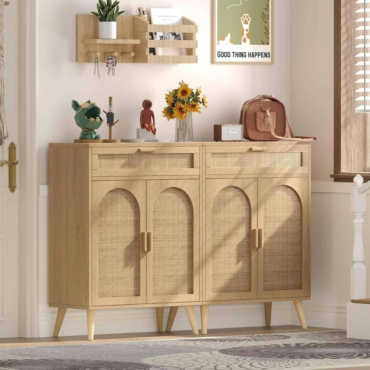 Natural Rattan Storage Cabinet Sideboard With Drawers