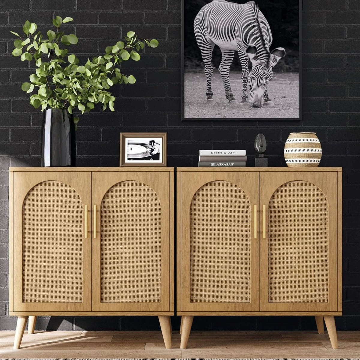 Natural Rattan Storage Sideboard Cabinet With Adjustable Shelves