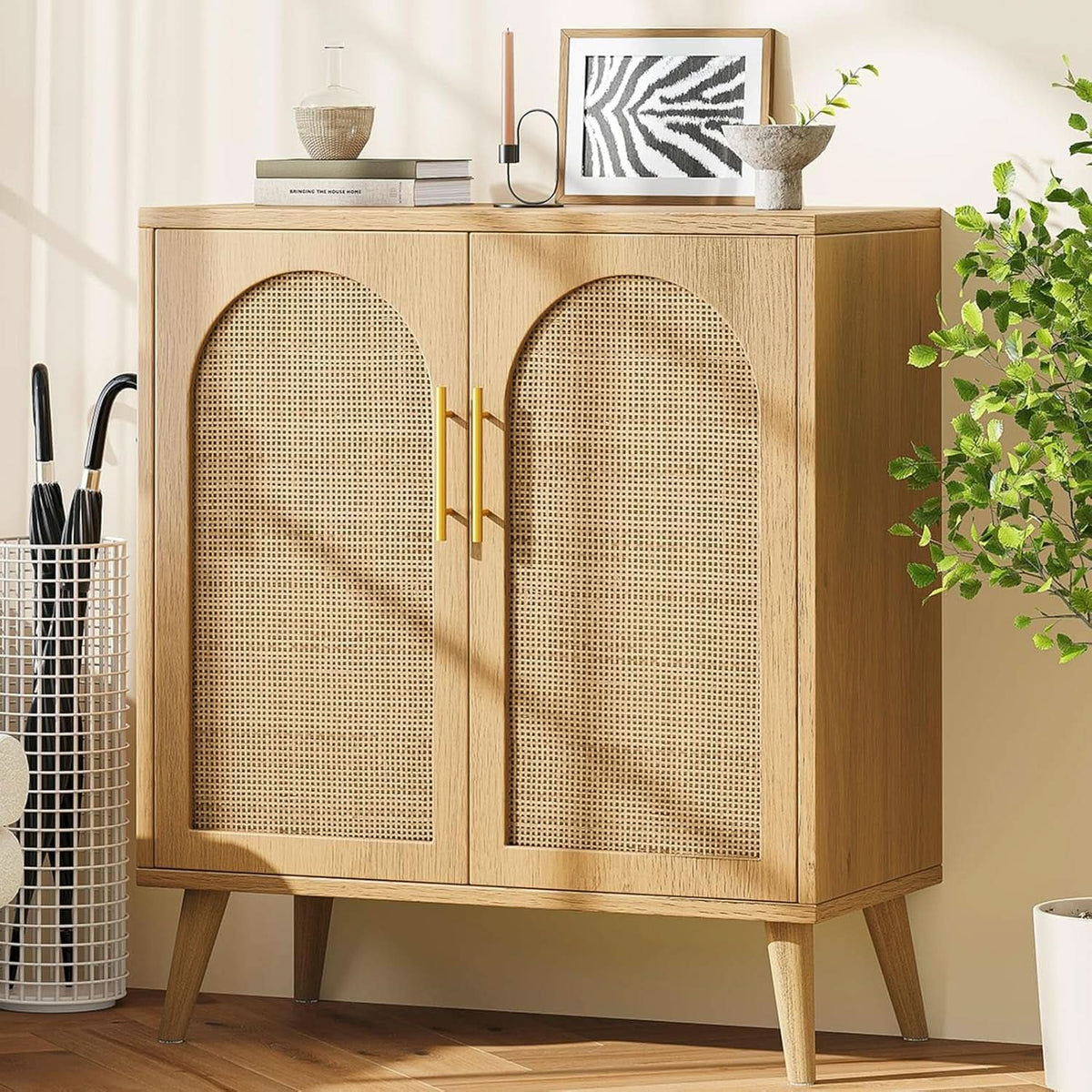 Natural Rattan Storage Sideboard Cabinet With Adjustable Shelves