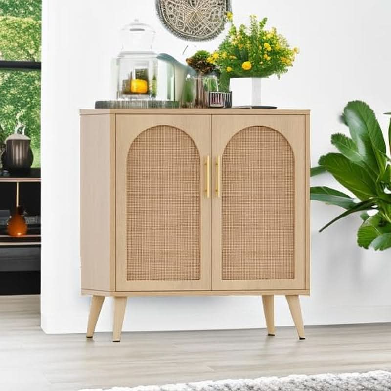 Natural Rattan Storage Sideboard Cabinet With Adjustable Shelves