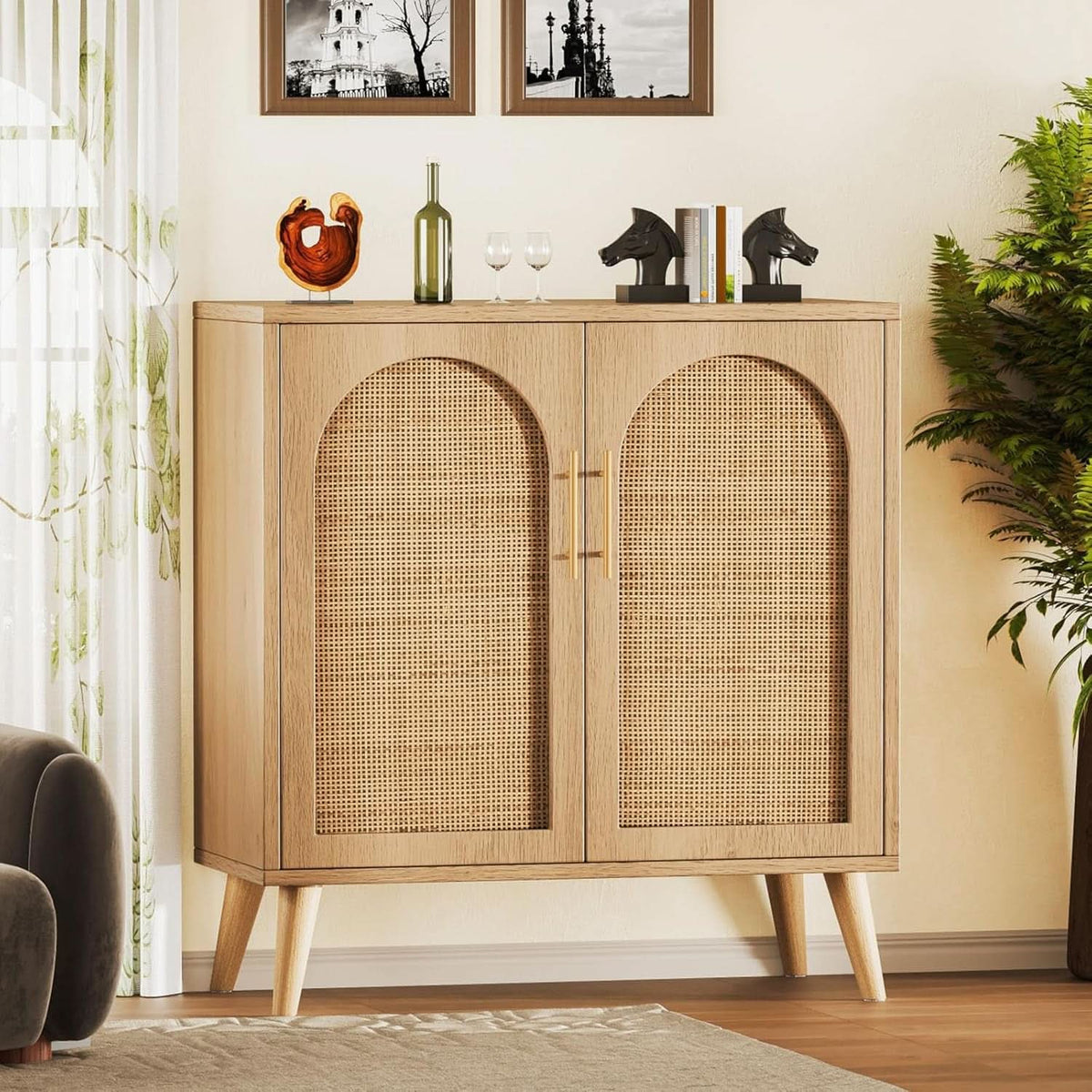 Natural Rattan Storage Sideboard Cabinet With Adjustable Shelves