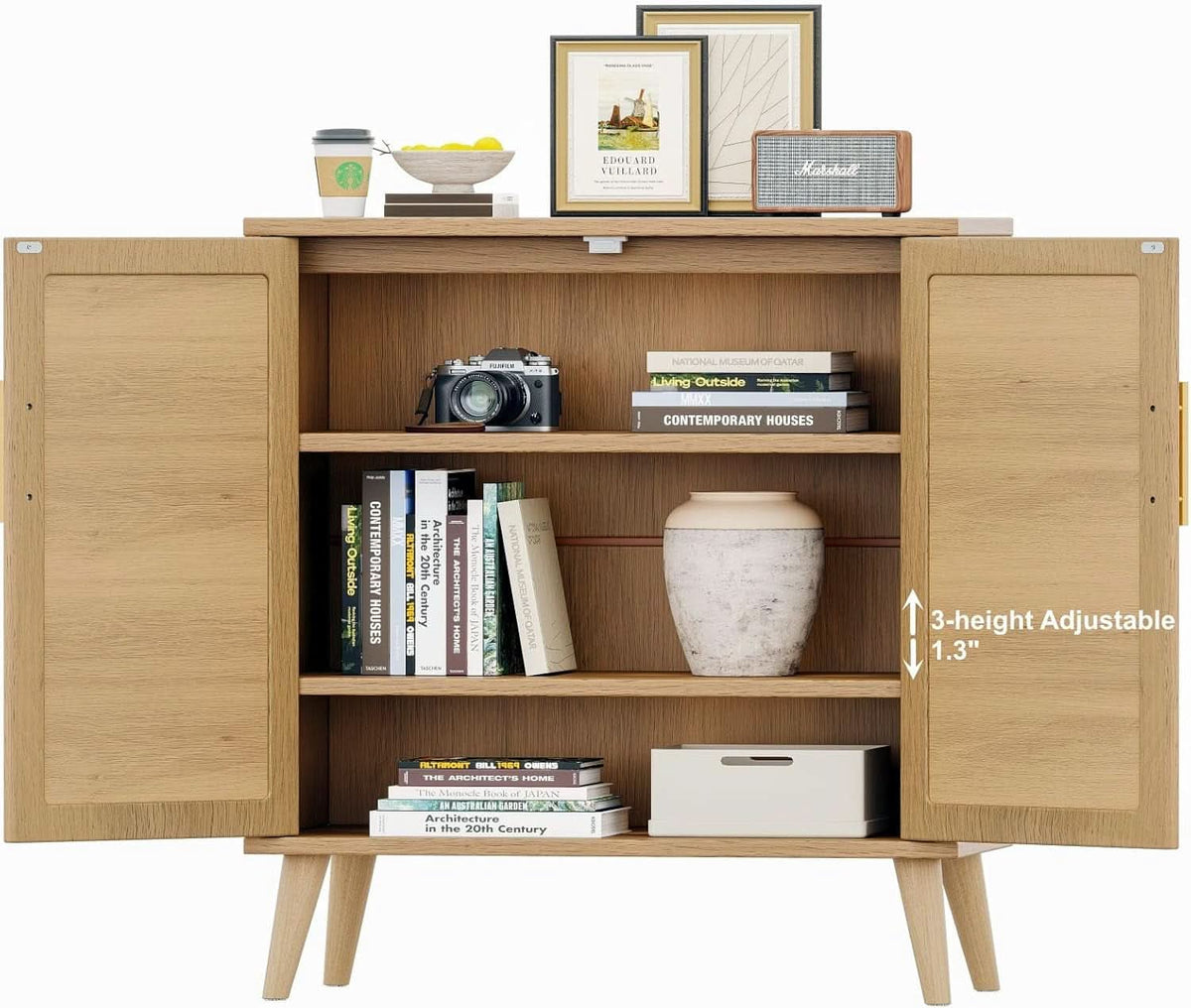 Natural Rattan Storage Sideboard Cabinet With Adjustable Shelves
