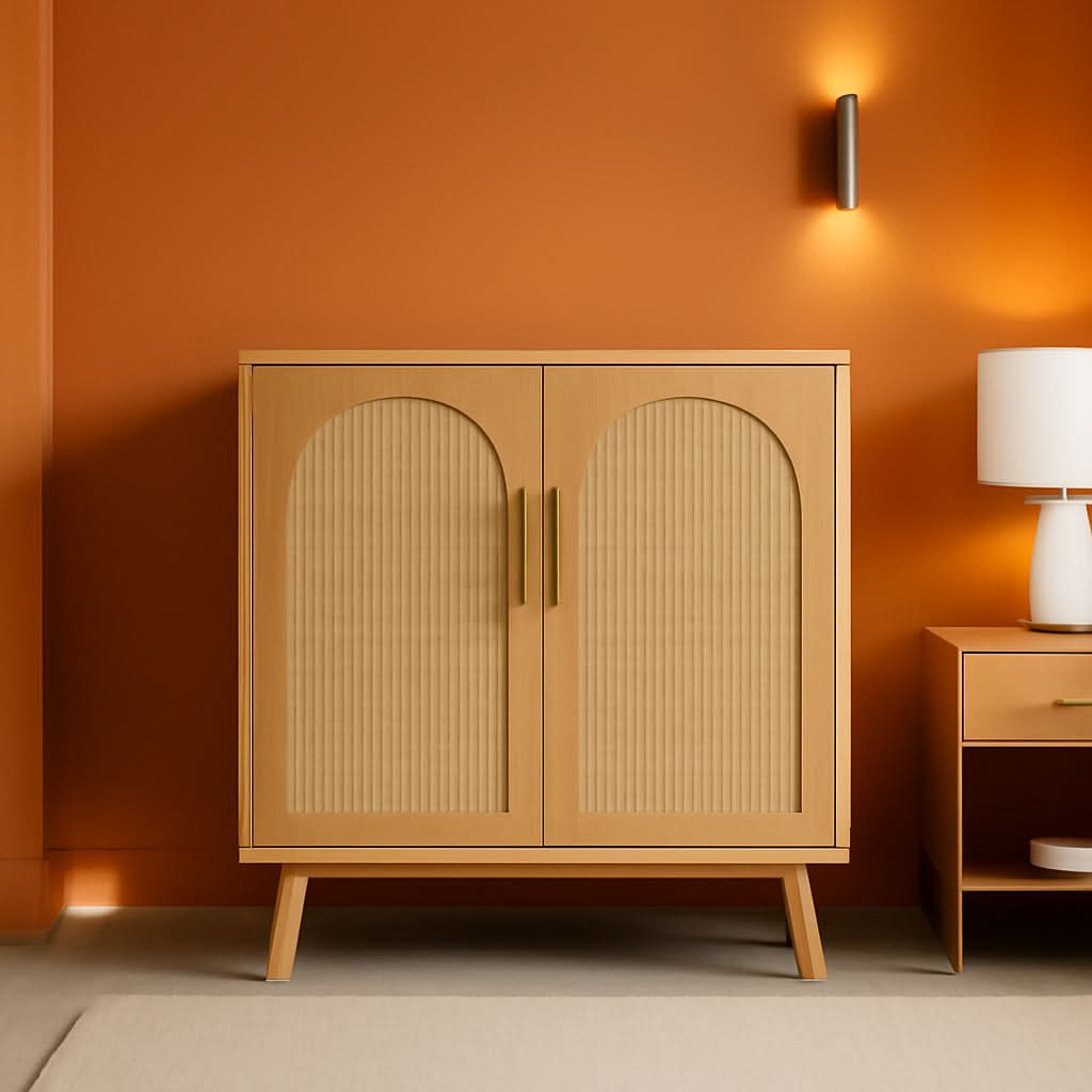 Natural Rattan Storage Sideboard Cabinet With Adjustable Shelves