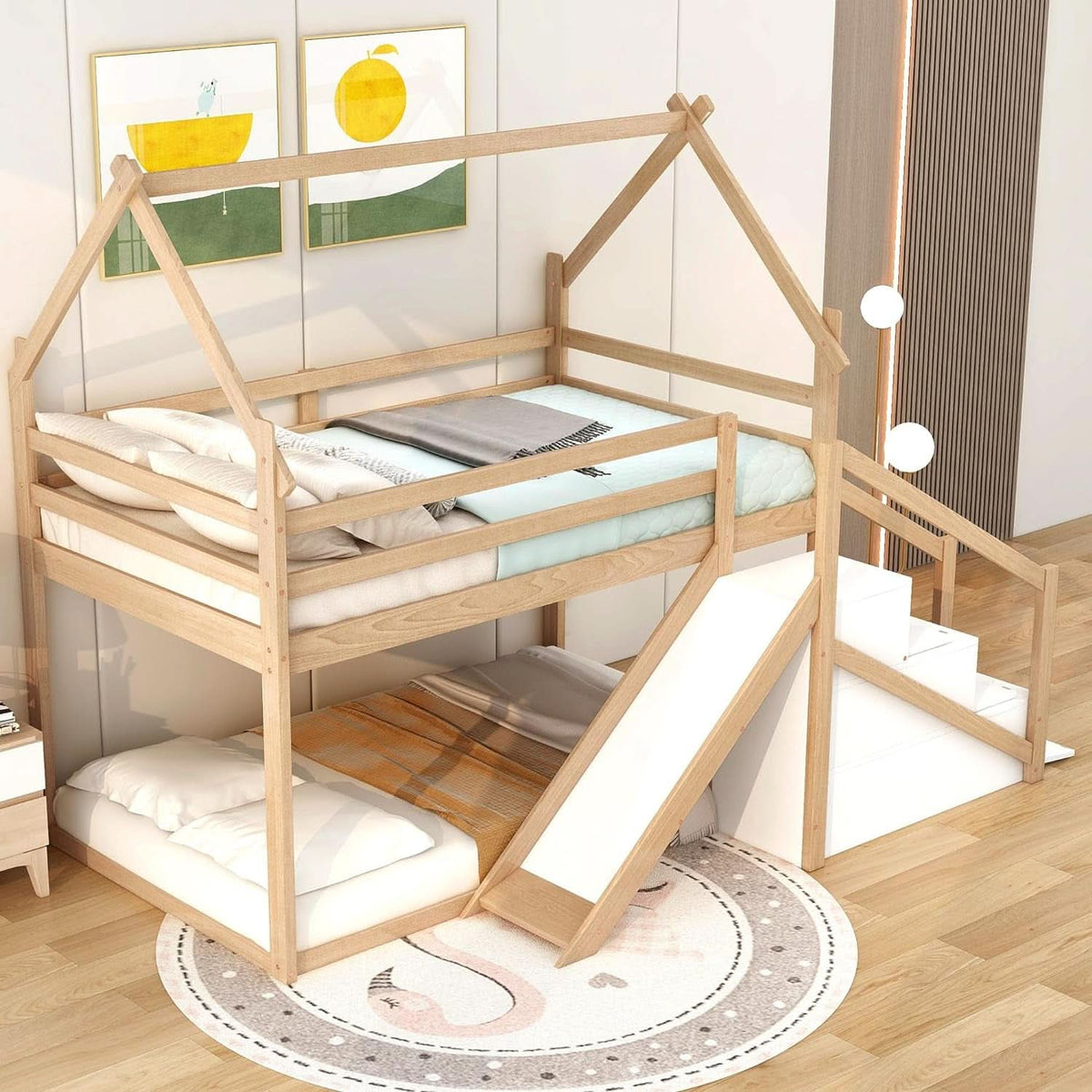 Natural Twin Over Twin Bunk Bed With Slide And Stairs