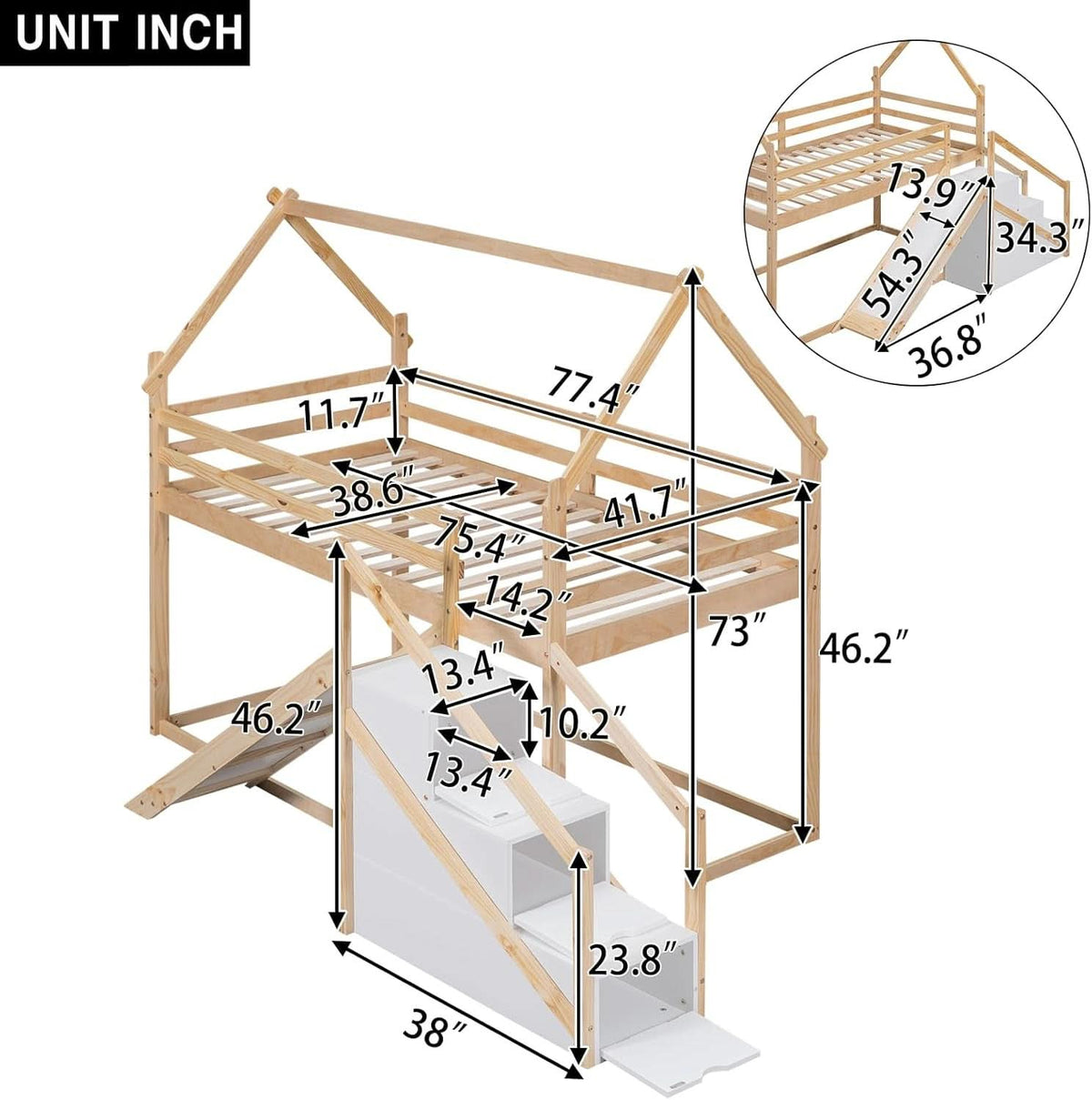 Natural Twin Over Twin Bunk Bed With Slide And Stairs
