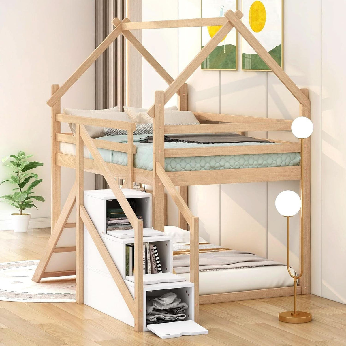 Natural Twin Over Twin Bunk Bed With Slide And Stairs