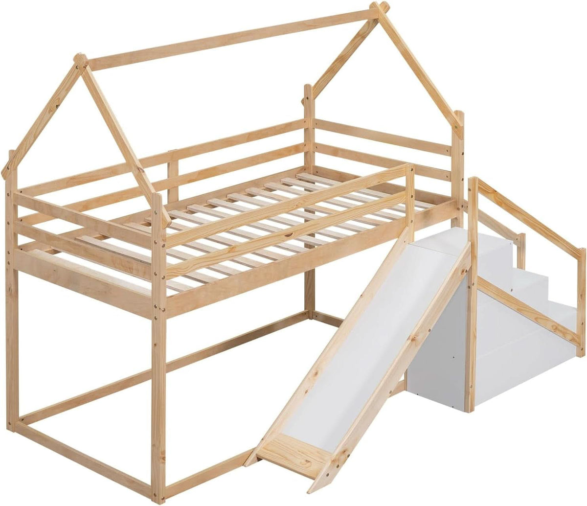 Natural Twin Over Twin Bunk Bed With Slide And Stairs