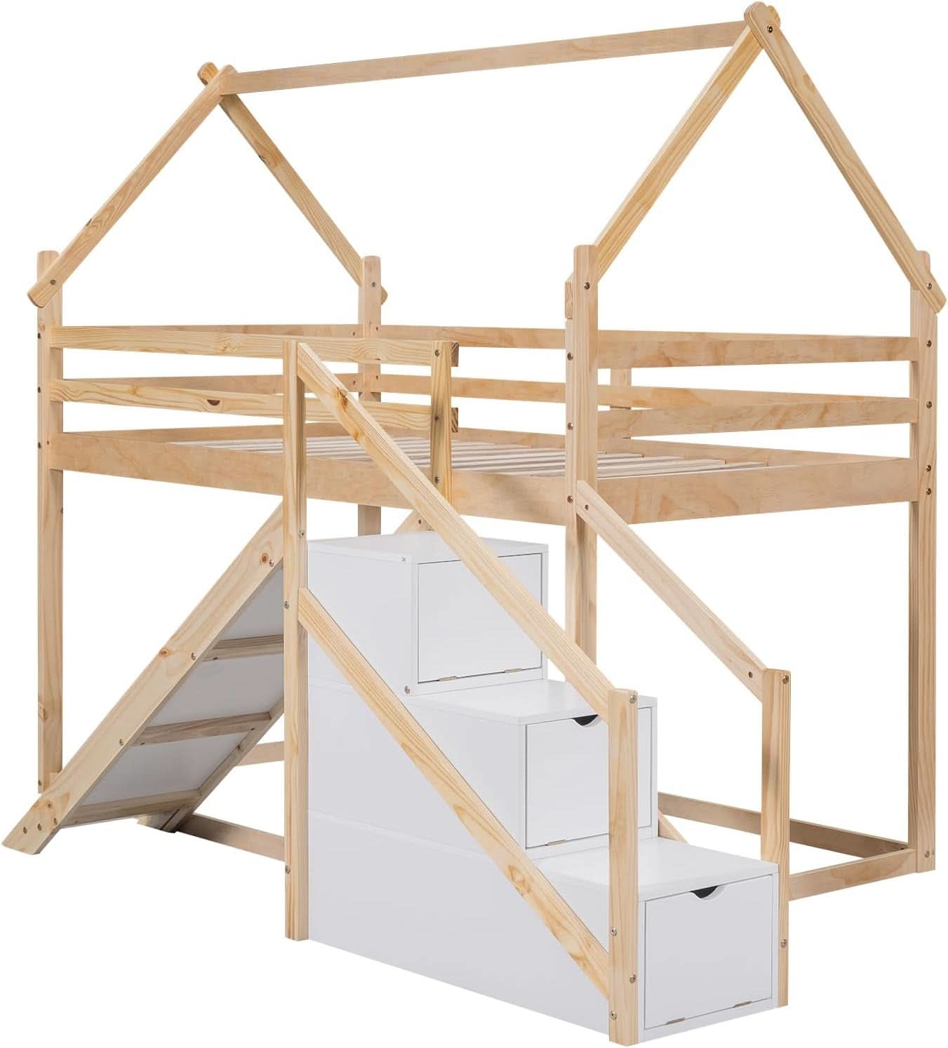 Natural Twin Over Twin Bunk Bed With Slide And Stairs