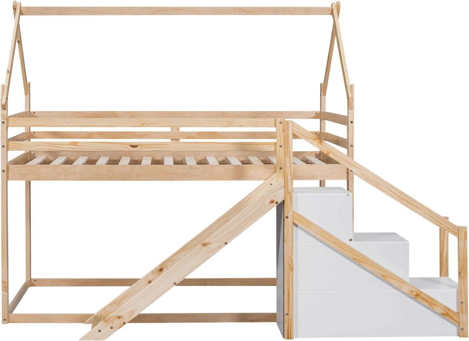 Natural Twin Over Twin Bunk Bed With Slide And Stairs
