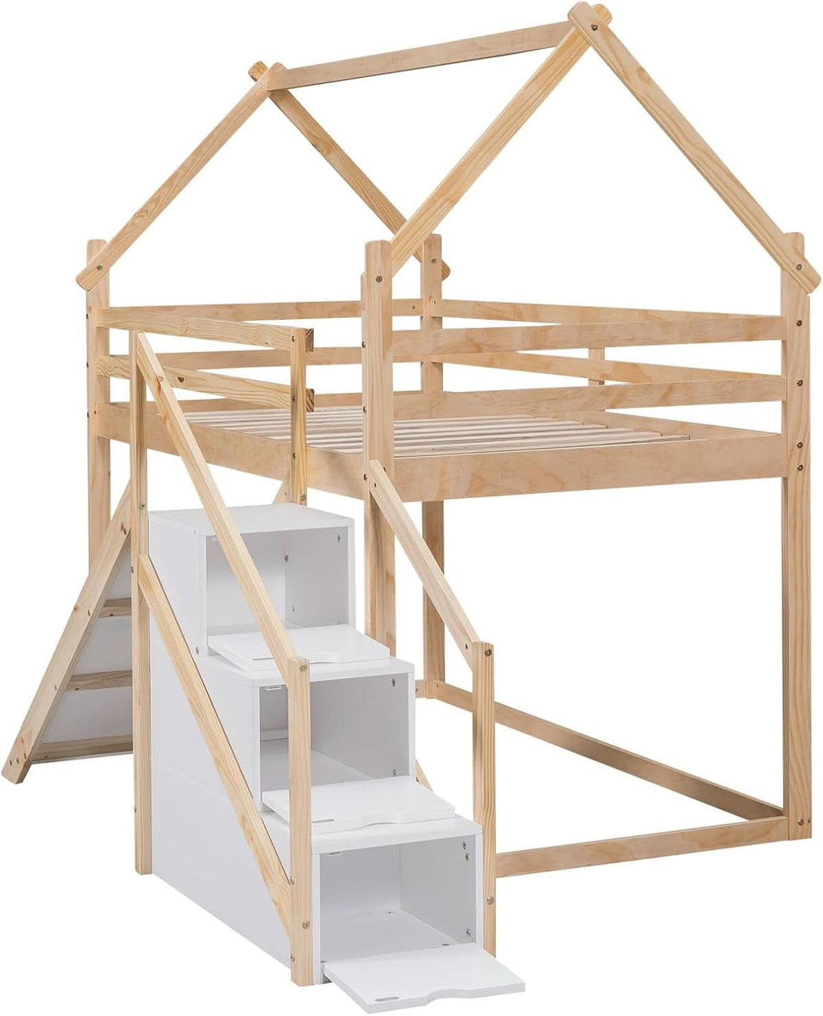 Natural Twin Over Twin Bunk Bed With Slide And Stairs