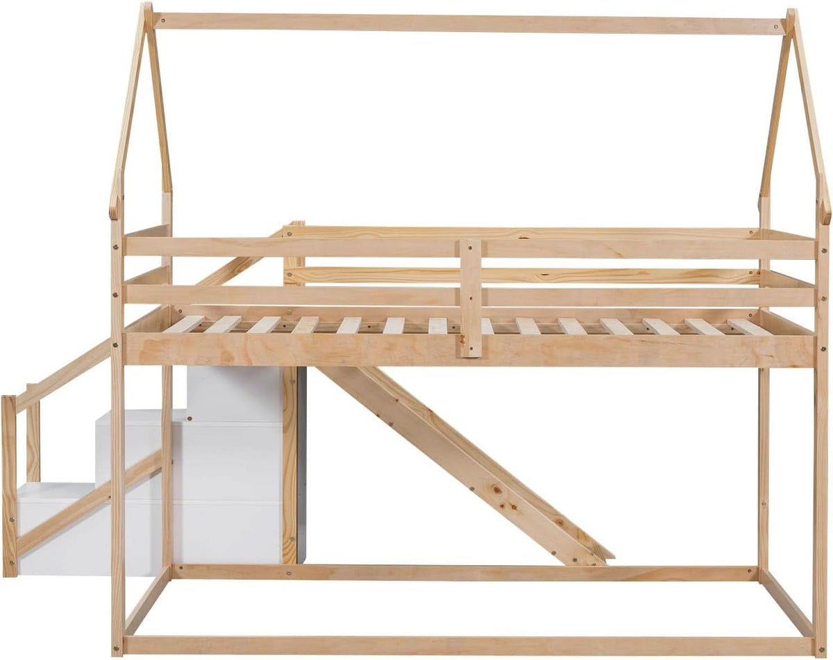 Natural Twin Over Twin Bunk Bed With Slide And Stairs