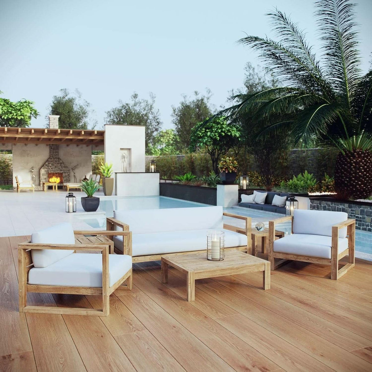 Natural White Teak Wood Outdoor 6-Piece Sectional Sofa Set