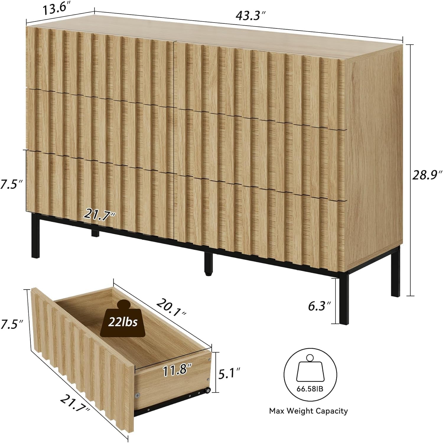 Natural Wood Dresser Mid Century Modern Fluted Six Drawer