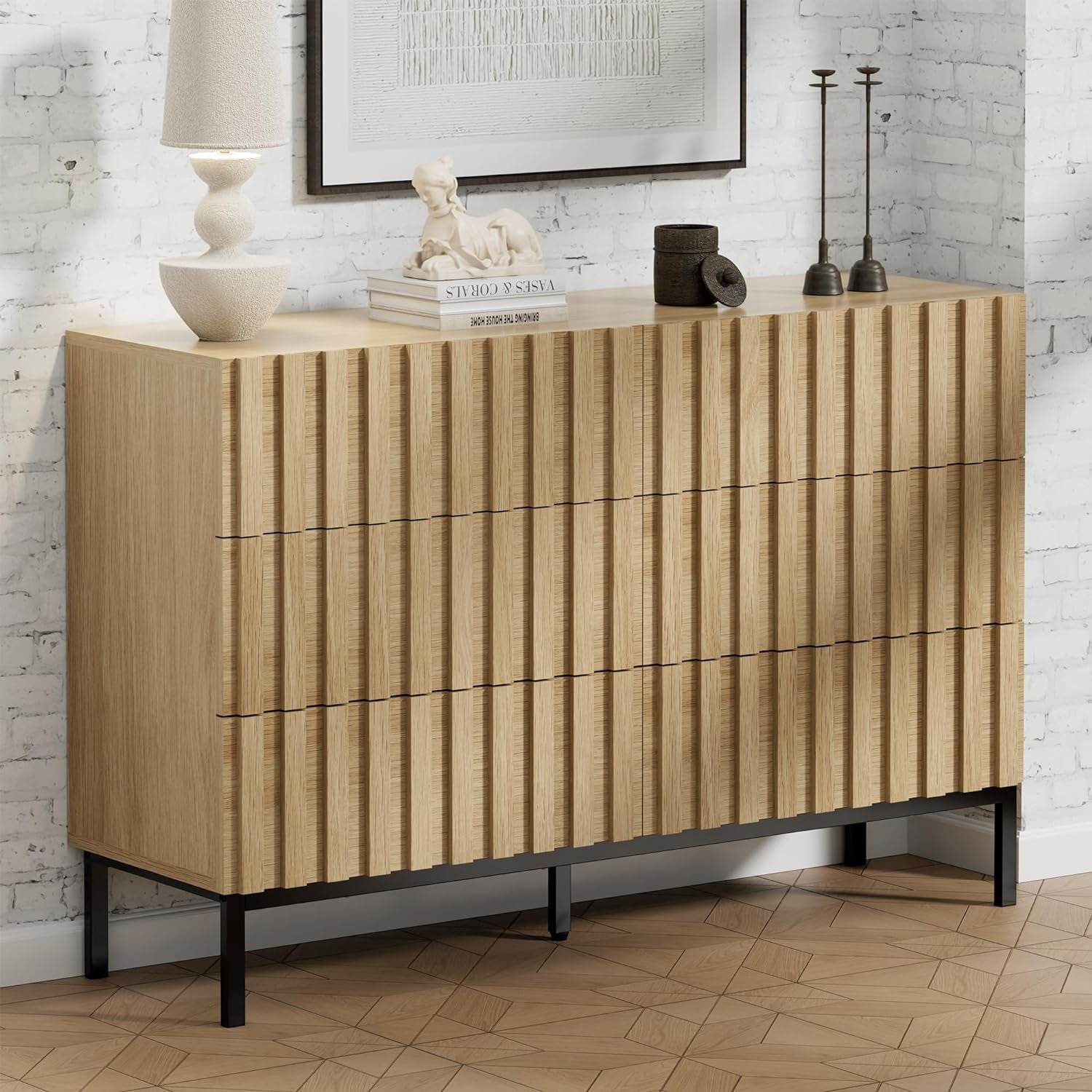 Natural Wood Dresser Mid Century Modern Fluted Six Drawer