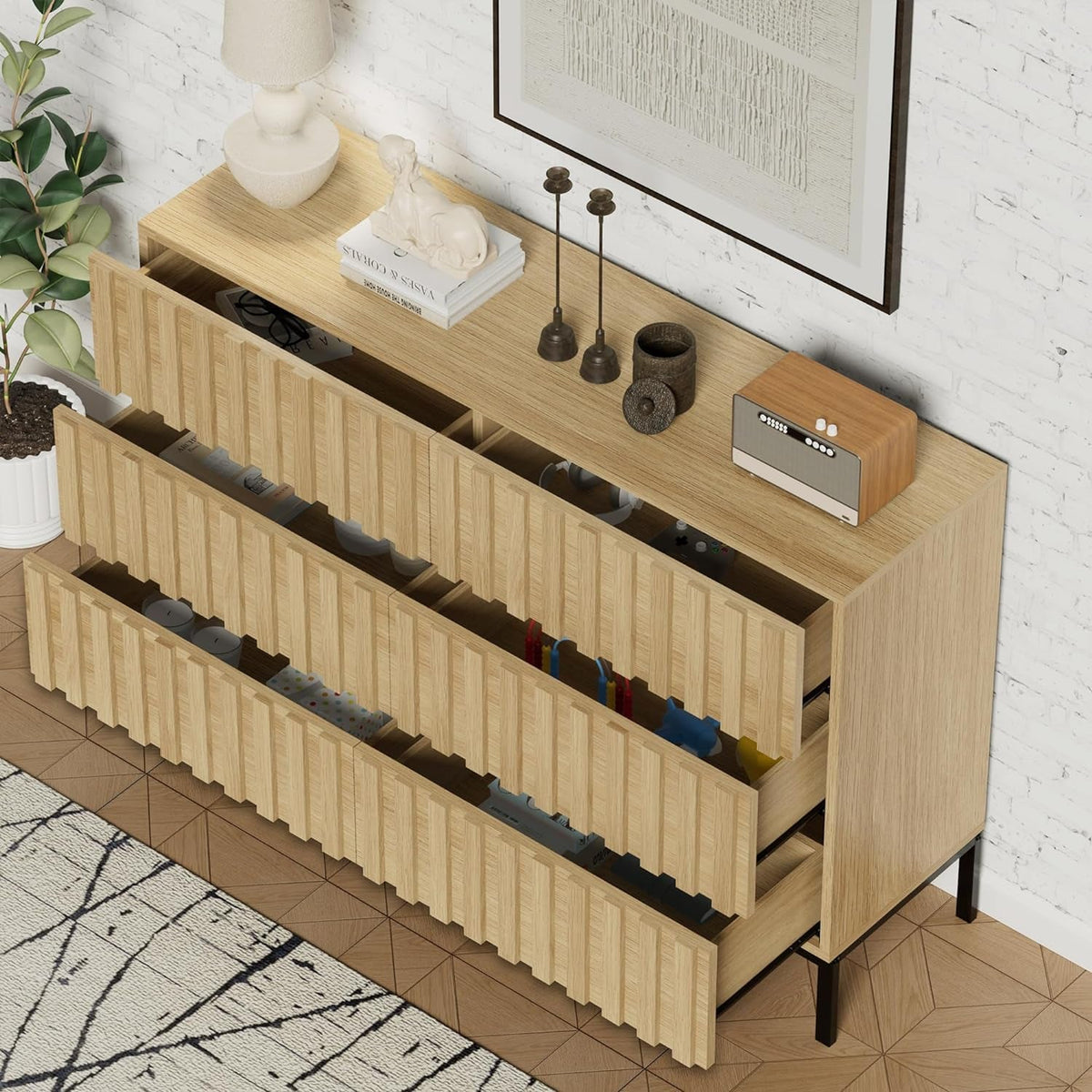 Natural Wood Dresser Mid Century Modern Fluted Six Drawer