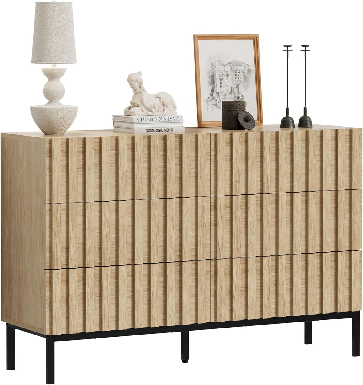 Natural Wood Dresser Mid Century Modern Fluted Six Drawer