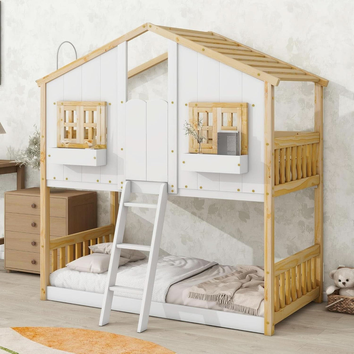 Natural Wood Twin Over Twin House Bunk Bed With Roof
