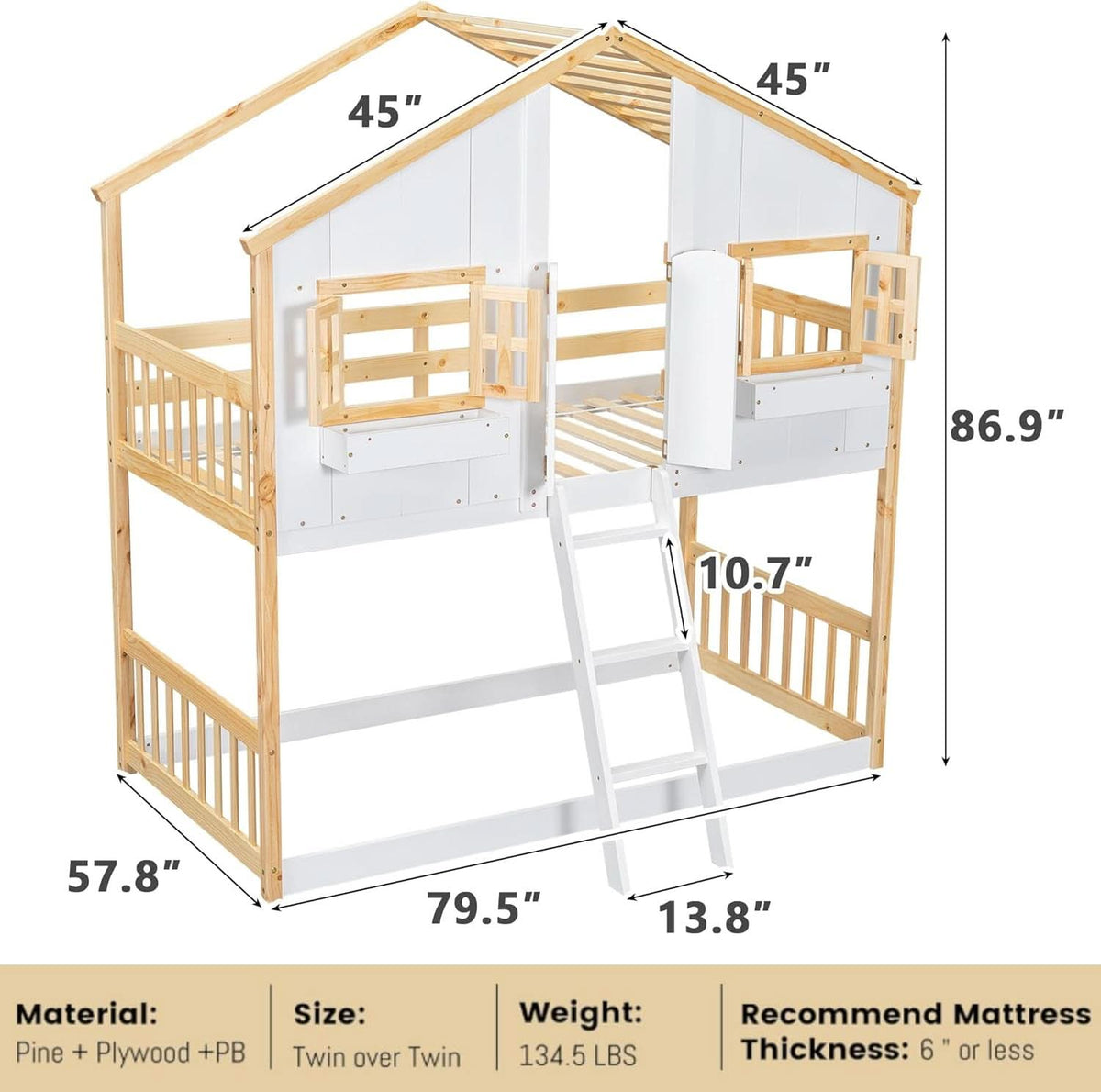 Natural Wood Twin Over Twin House Bunk Bed With Roof