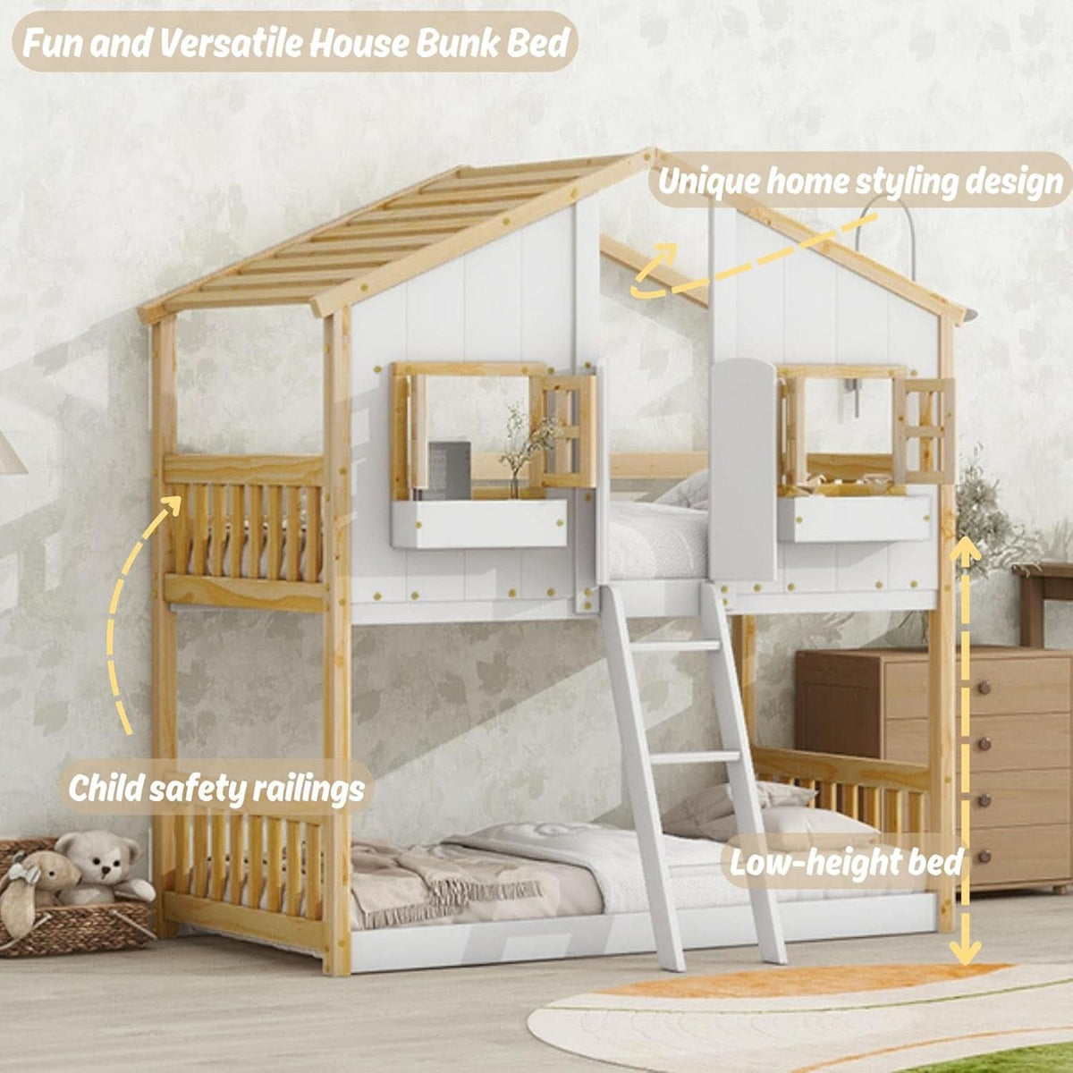 Natural Wood Twin Over Twin House Bunk Bed With Roof