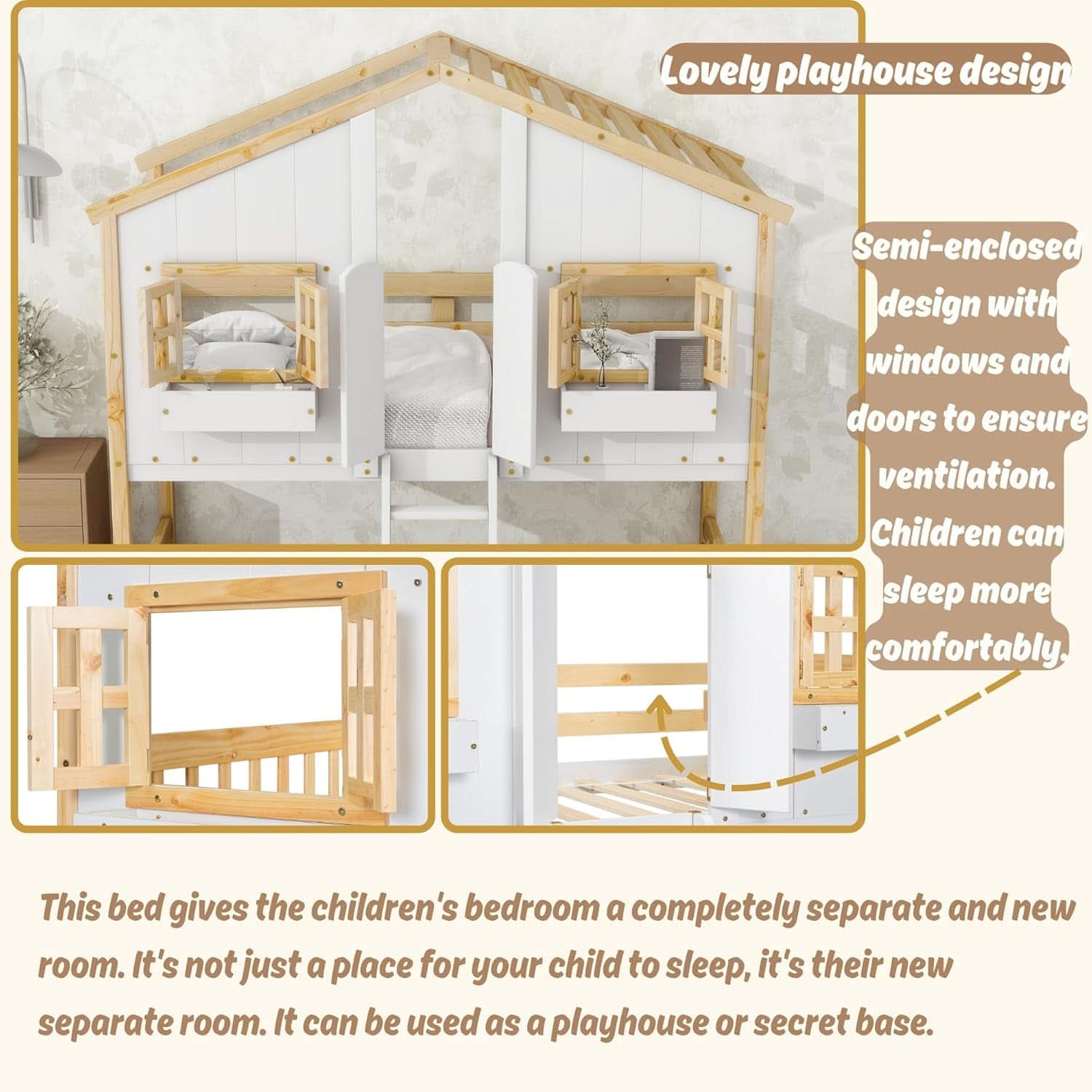 Natural Wood Twin Over Twin House Bunk Bed With Roof