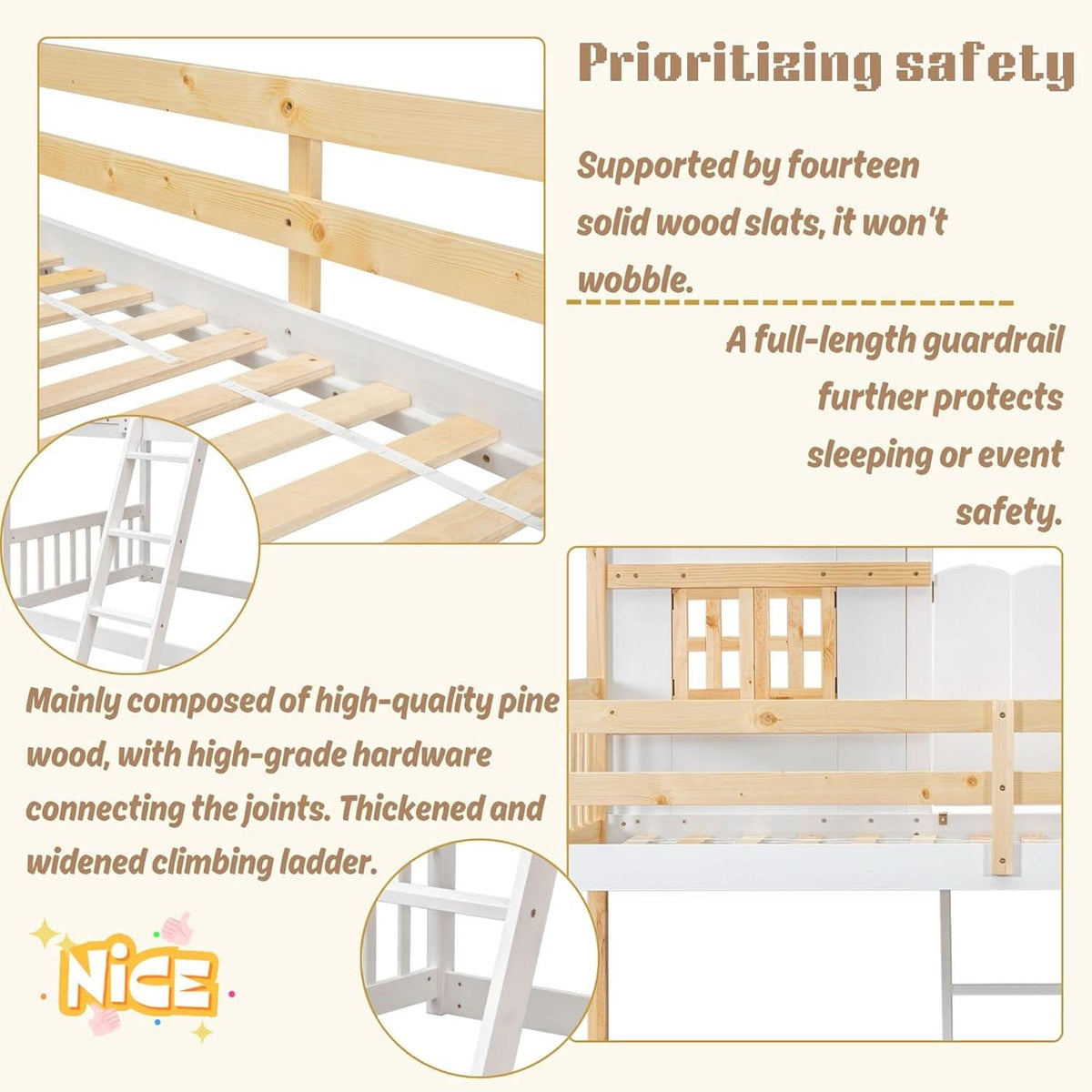 Natural Wood Twin Over Twin House Bunk Bed With Roof