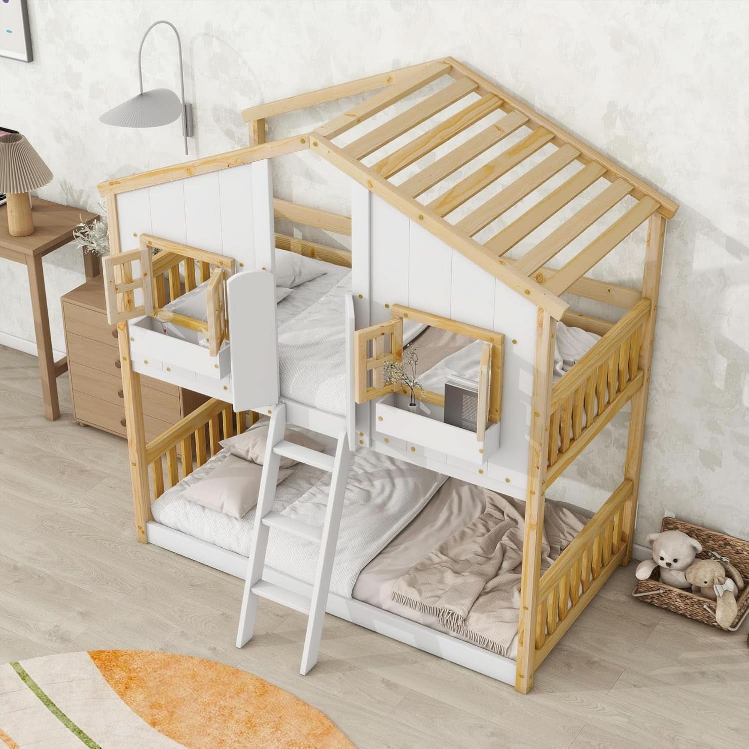 Natural Wood Twin Over Twin House Bunk Bed With Roof