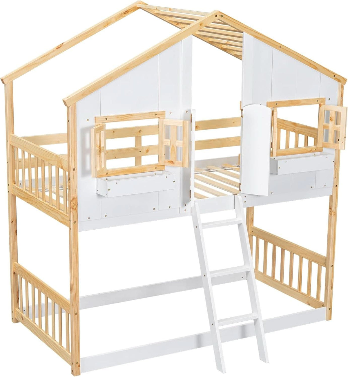 Natural Wood Twin Over Twin House Bunk Bed With Roof