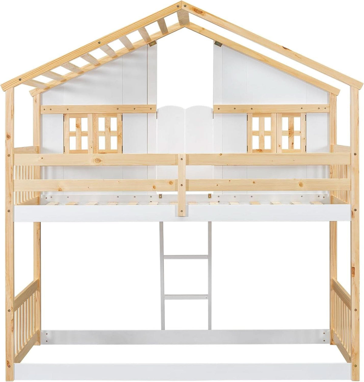 Natural Wood Twin Over Twin House Bunk Bed With Roof