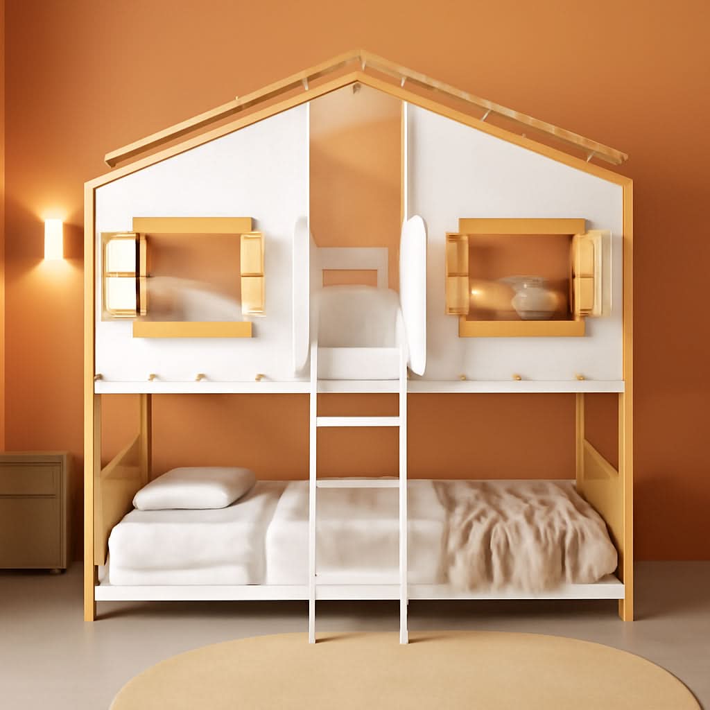 Natural Wood Twin Over Twin House Bunk Bed With Roof