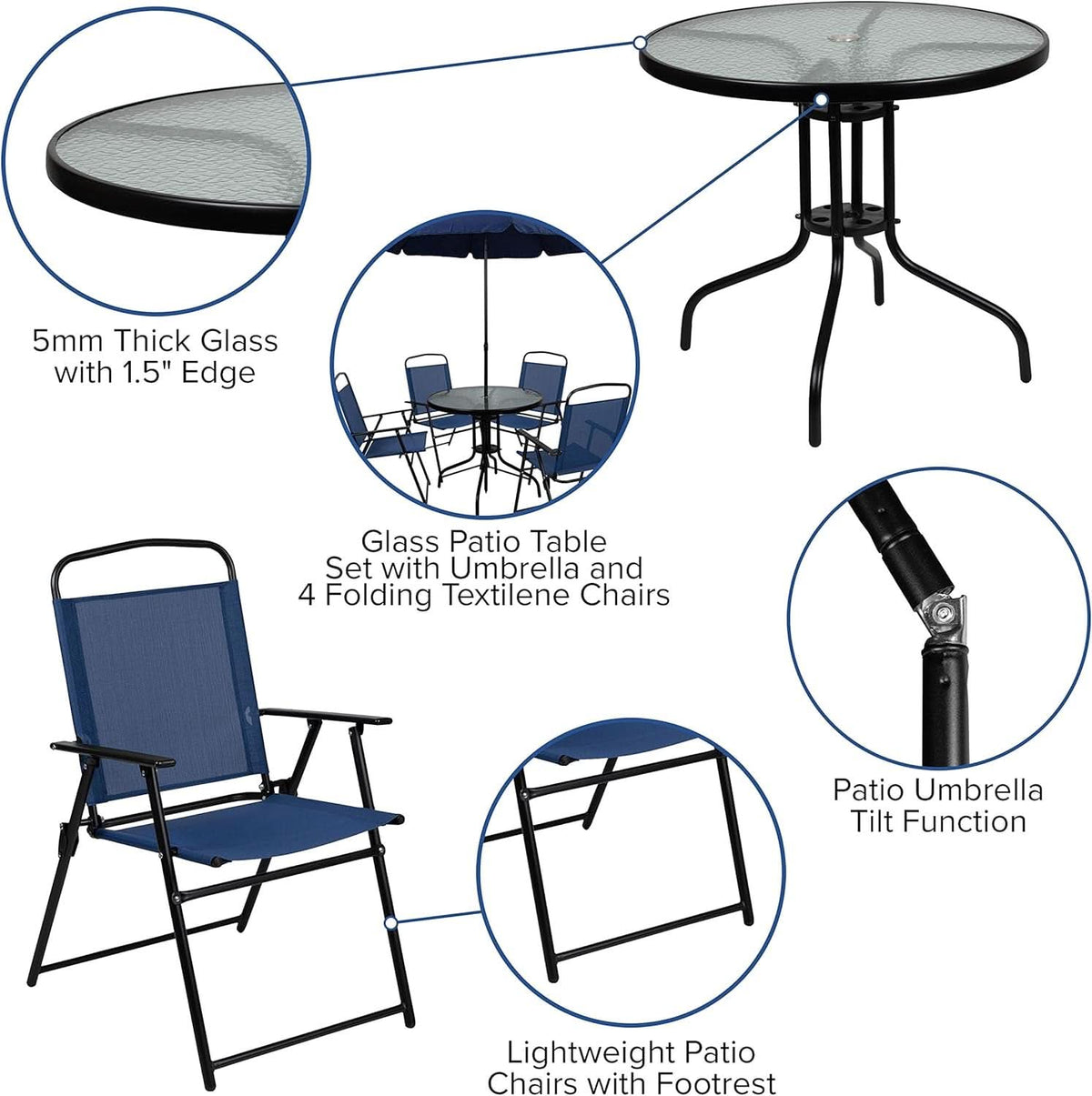 Navy 6 Piece Patio Garden Set With Table Umbrella Chairs