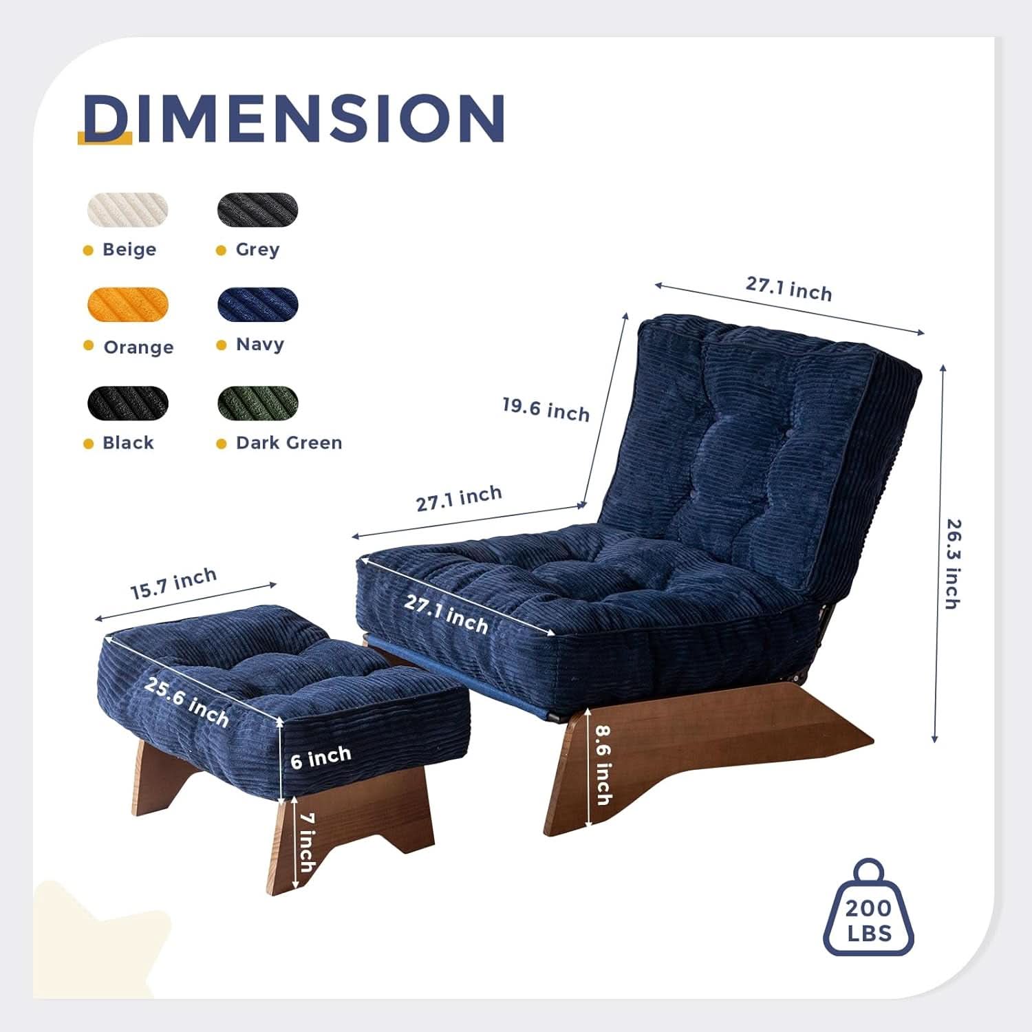 Navy Accent Chair With Adjustable Backrest And Ottoman