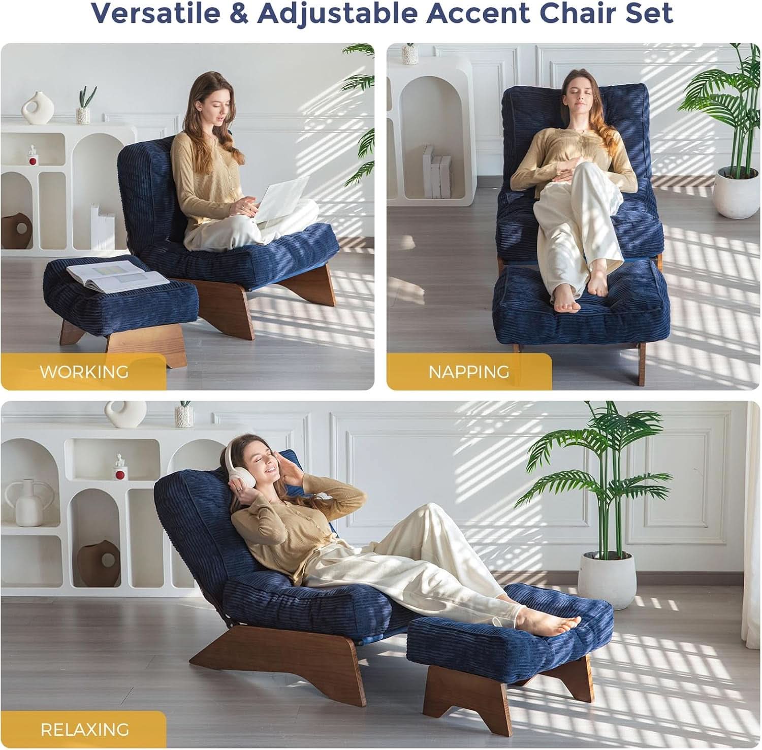 Navy Accent Chair With Adjustable Backrest And Ottoman
