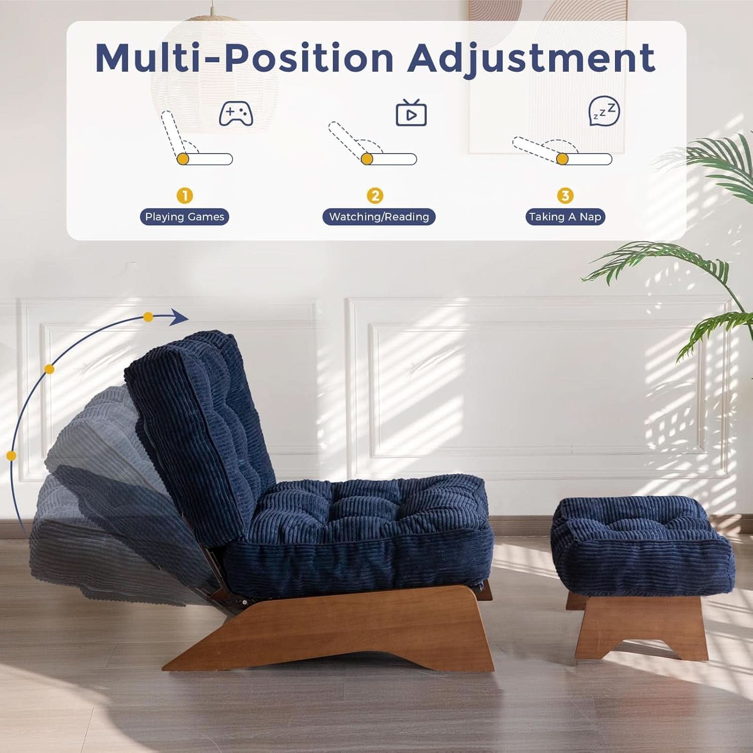 Navy Accent Chair With Adjustable Backrest And Ottoman